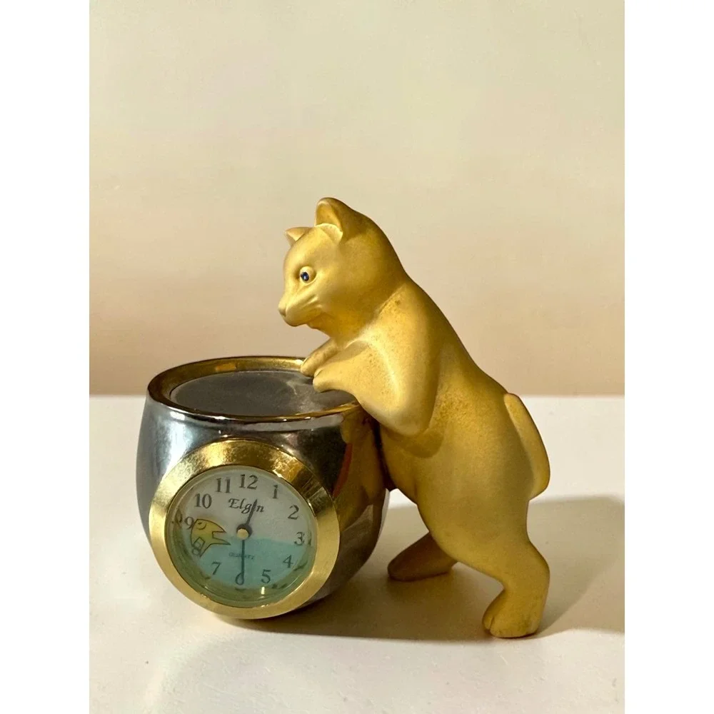 Elgin Miniature Desk Clock Cat and Fishbowl Figurine Gold Silver Tone Quartz